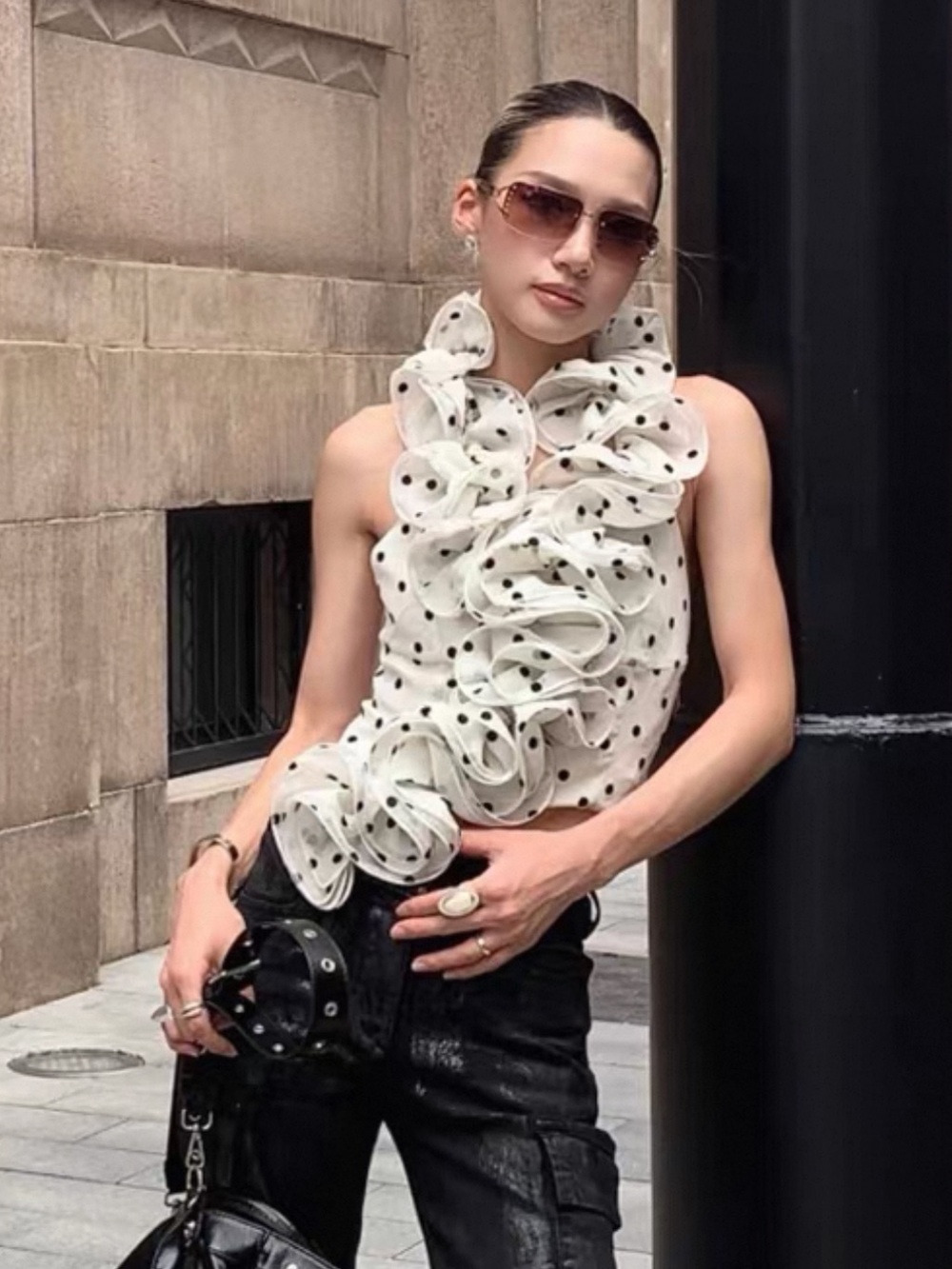 White Polka Dot Ruffle Sleeveless Top